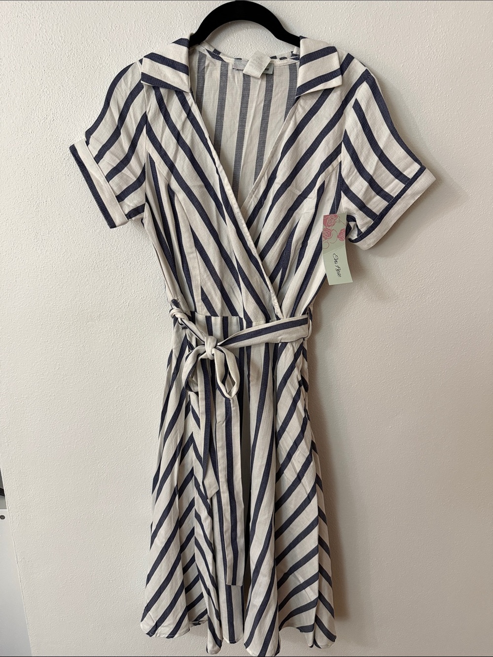 Navy and White Striped Wrap Midi Dress with Tie Waist